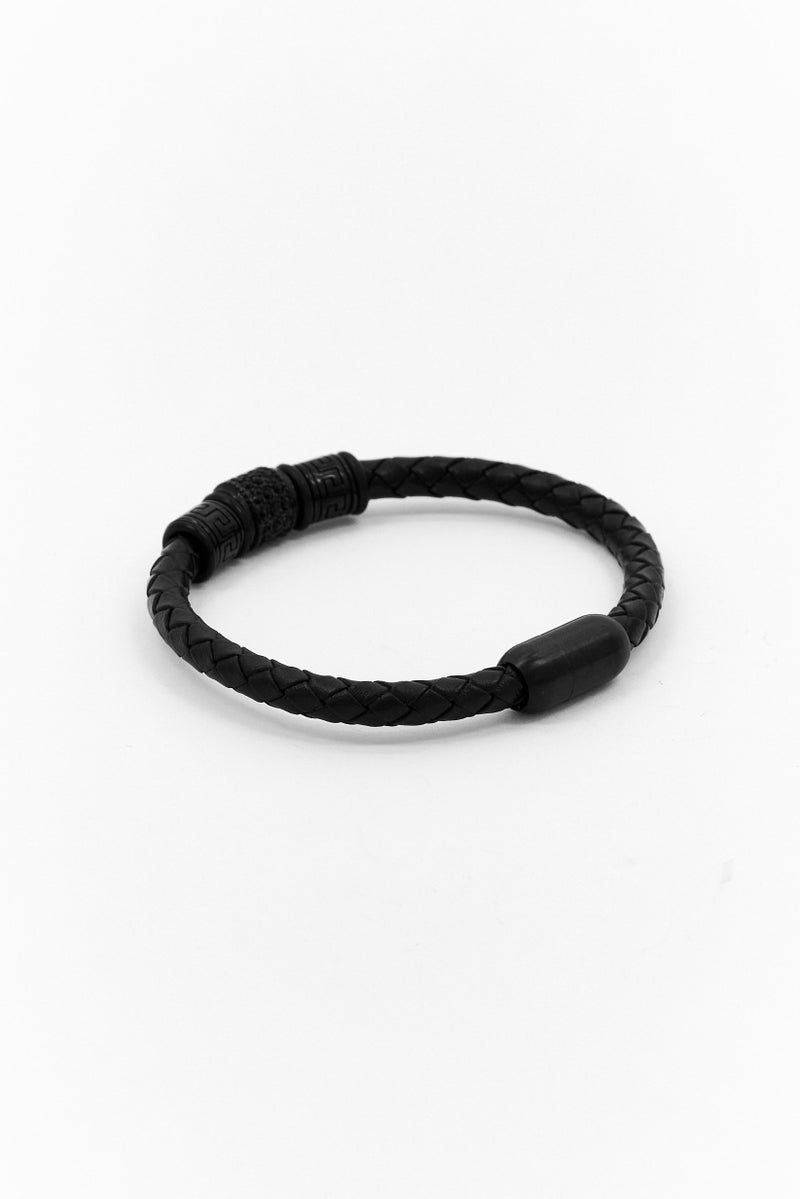 Steeltime Men Braided Leather Simulated Diamonds Accents Bracelet, Black - Image 2